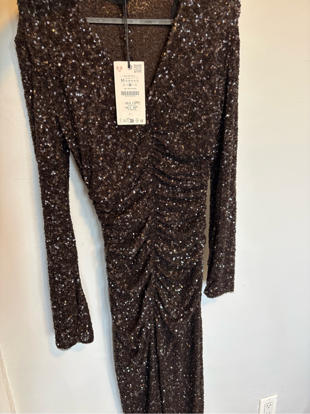 Zara Black Sparkle Long Sleeve V-Neck Maxi Dress with Side Slit - Picture 9 of 9